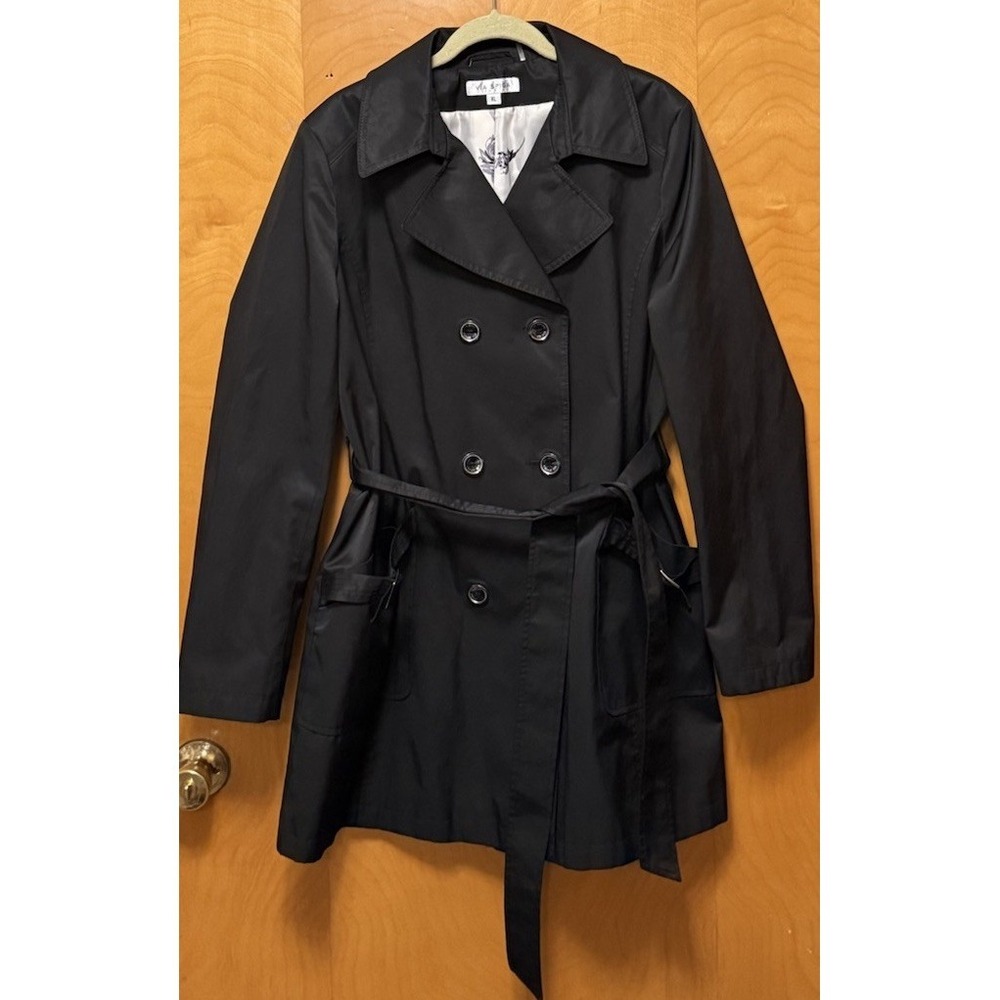 Via Spiga Womens‎ Double Breasted Belted Trench Coat Lined Pockets Black Sz XL - Picture 2 of 15